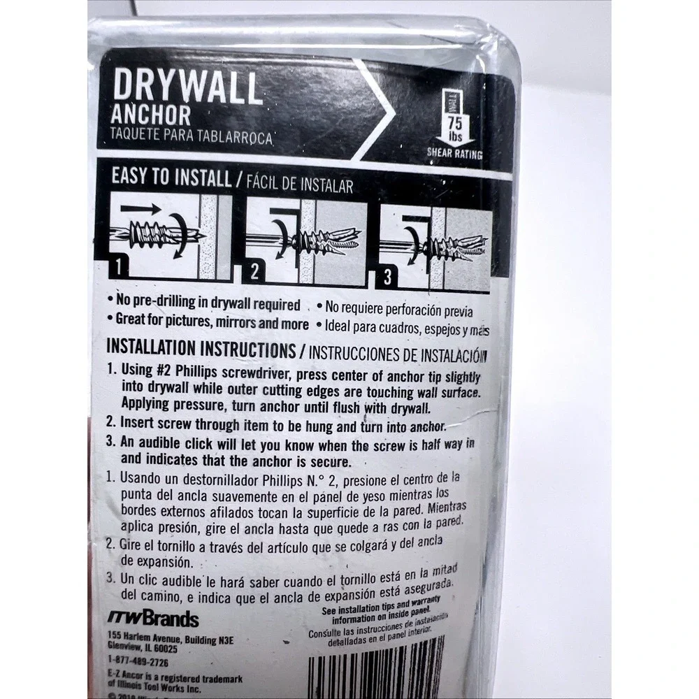E-Z Ancor #25310 - Twist-N-Lock 75 lb. Self-Driving Drywall Anchor 50pc NIP 5/8